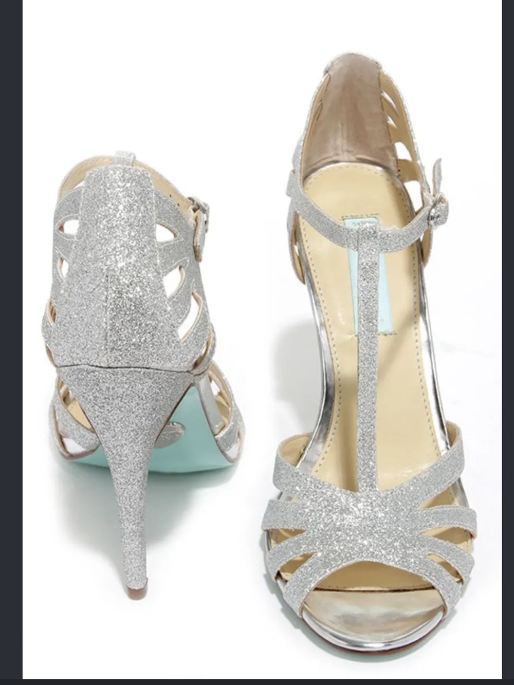Betsey Johnson Silver Glitter T-Strap High Heel Sandals